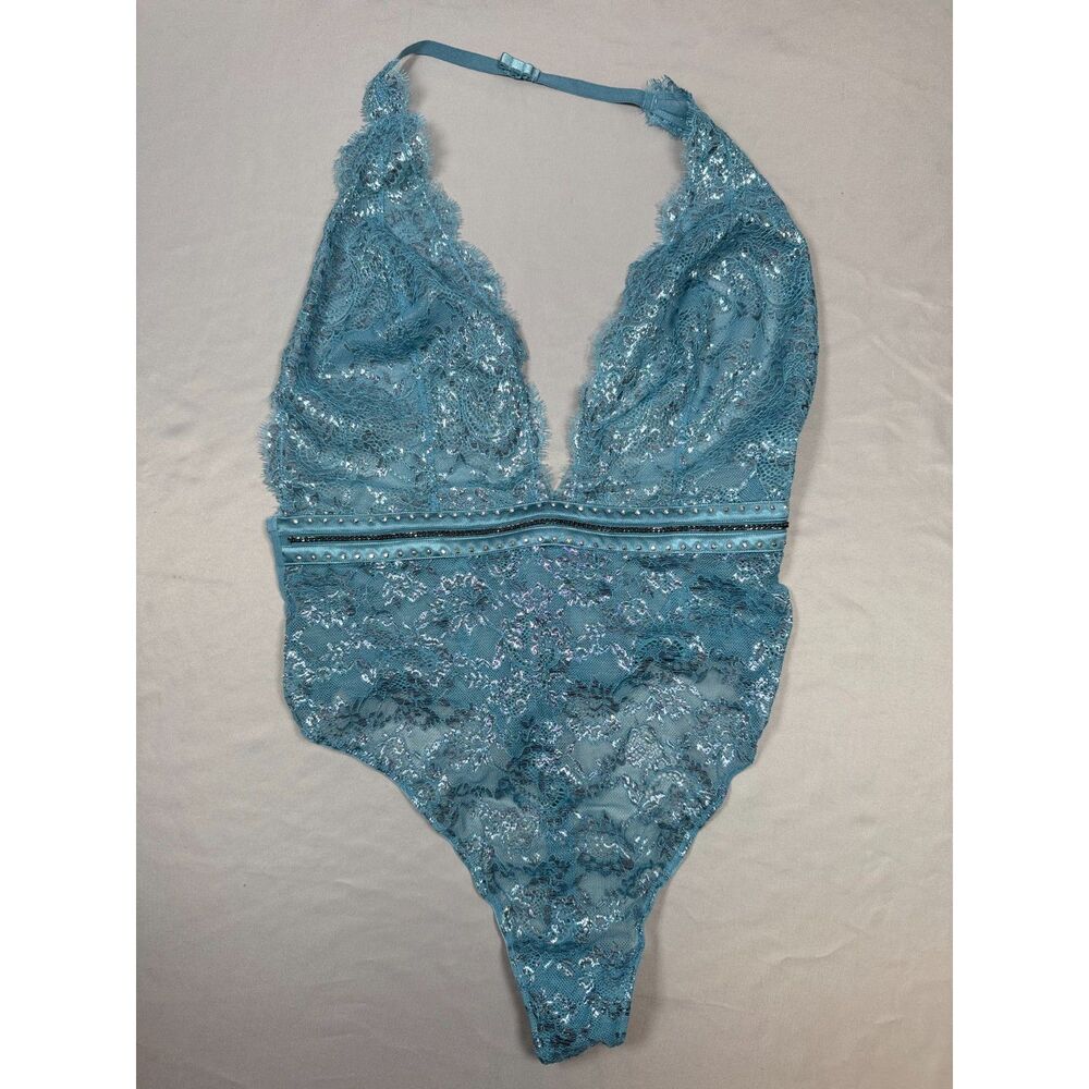 Victoria's Secret Blue Metallic Lace Rhinestone Zip Teddy Bodysuit L Large